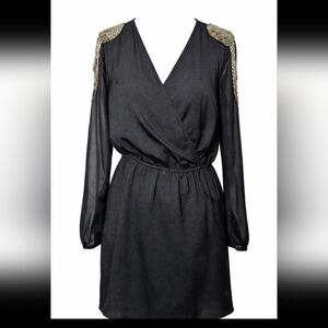 Charlotte Russe Black Beaded Shoulder Dress Long Sheer Sleeve Wrap Elastic Waist